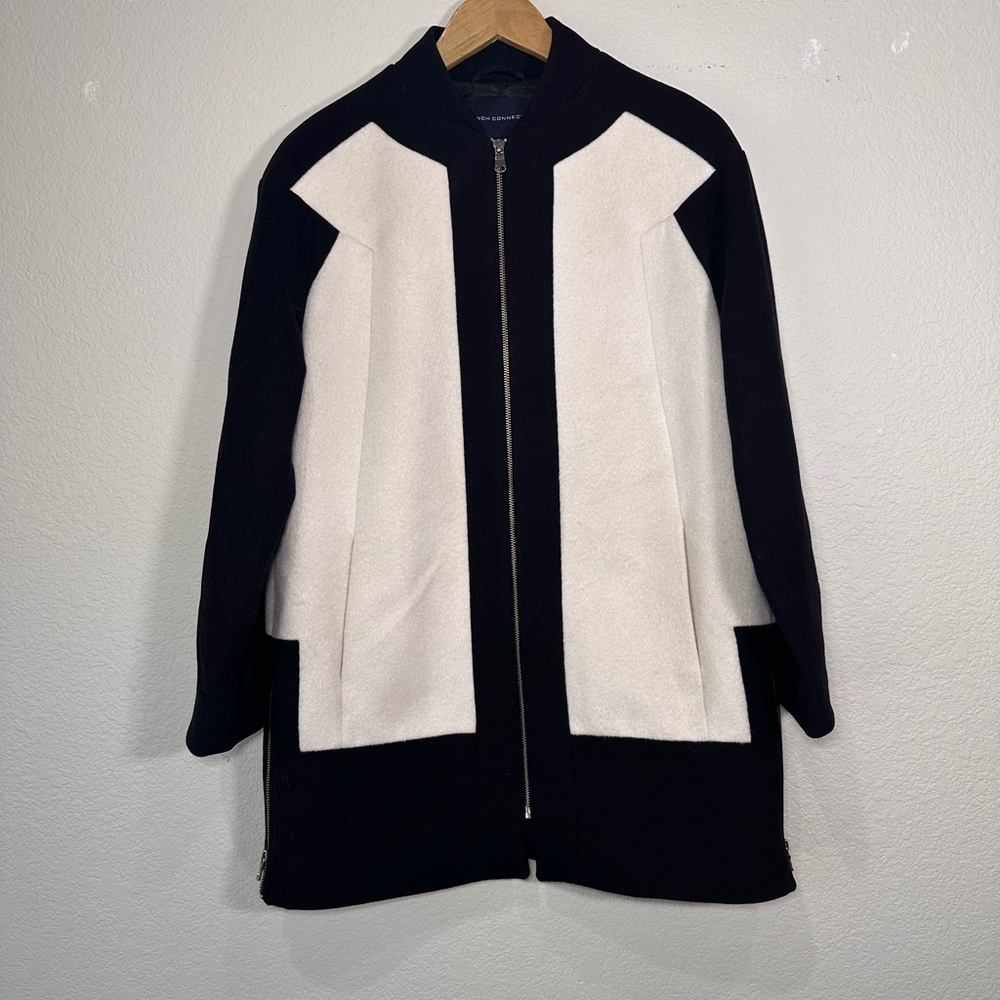 French Connection Womens Colorblock Wool Blend Zip Front Bomber Coat Black  4